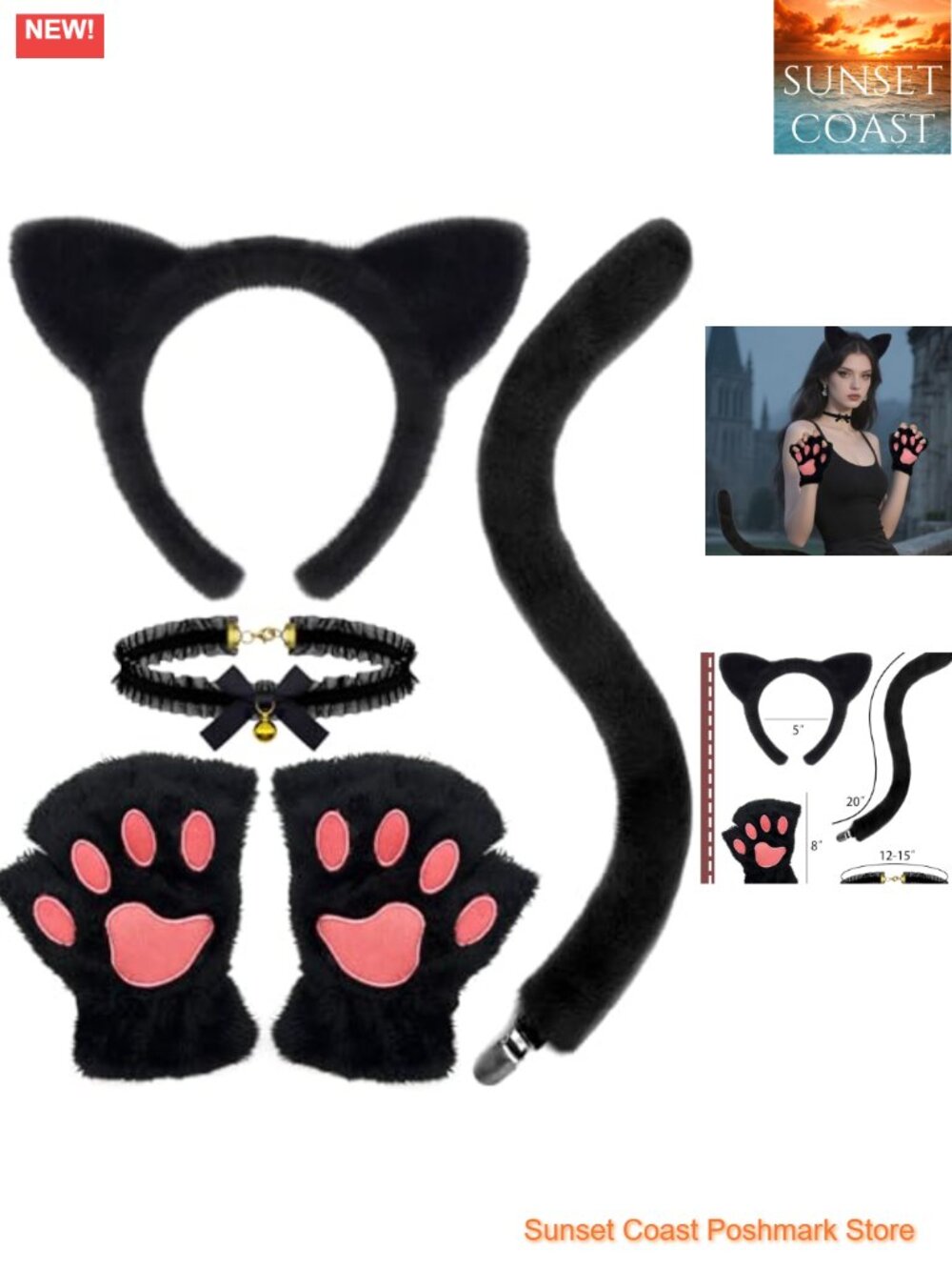 Cat Costume Accessories Set Ears Headband Tail Paws Gloves Choker Adult